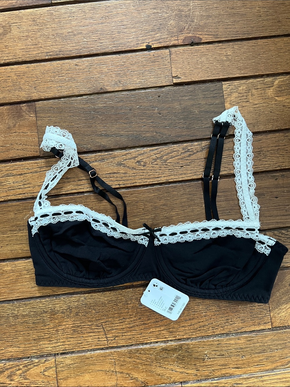 Free People Black White Trim So Sweet Balconette Bra 36C New With Tags NWT